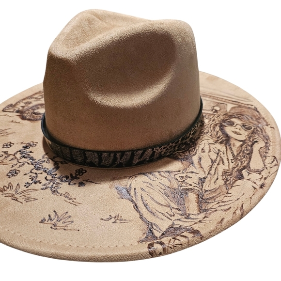 Hand Burned Tan Fedora Hat With A Hippie, Boho Vibe. Wanderlust. - Picture 4 of 6